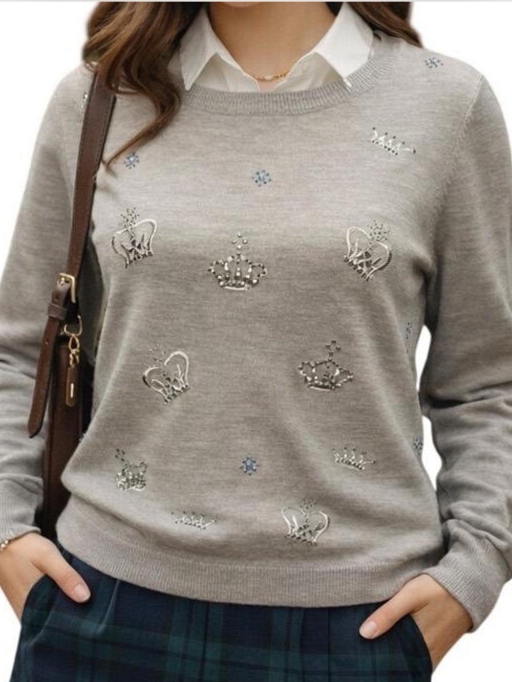 Talbots Merino Wool Crown embellished Crewneck sweater PXL